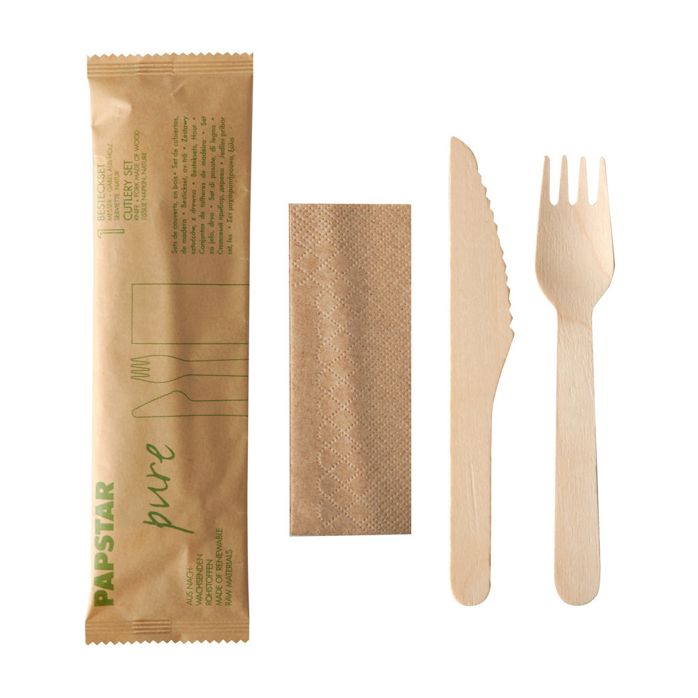 PURE Besteckset Holz Messer/Gabel/Serviette (10 x 50 Stück)