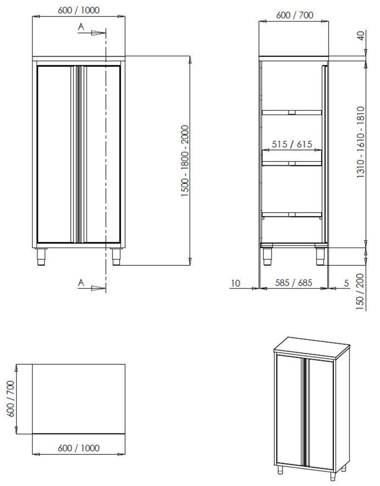 Profiline Hochschrank 800x600 mit Flügeltür - Edelstahl
