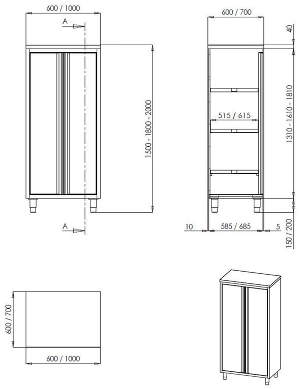 Profiline Hochschrank 800x600 mit Flügeltür - Edelstahl