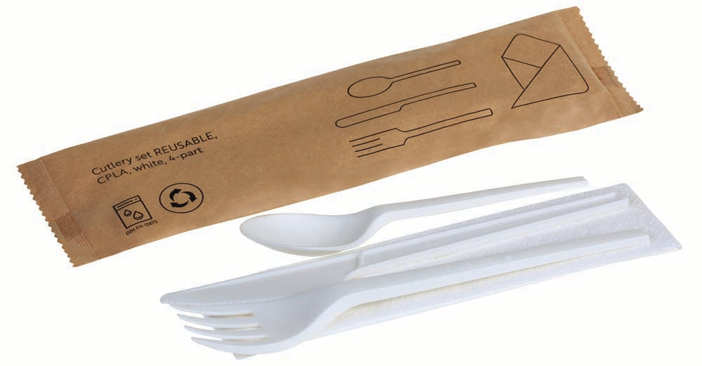 REUSEABLE Set Messer/Gabel/Kaffeelöffel/Serviette - CPLA - Natur-Weiß (250 Stück)