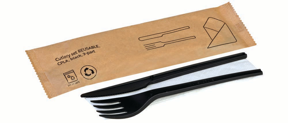 REUSEABLE Set Messer/Gabel/Serviette - CPLA - Schwarz (250 Stück)