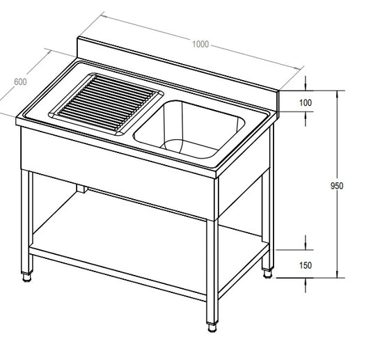 ECOLINE Spültisch 1000x600 mm mit 1 Becken rechts