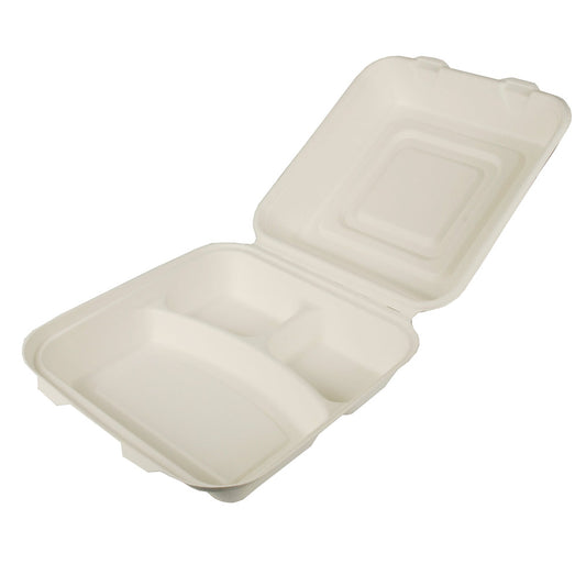 PURE Menüboxen Zuckerrohr - 3-geteilt - 8 x 24 x 24 cm - Weiß (5 x 25Stück)