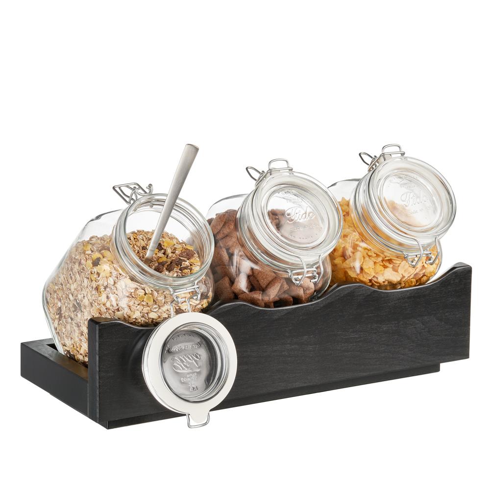 Cerealienbar 43 x 17 x 13,5 cm, wengefarben mit drei Gläsern