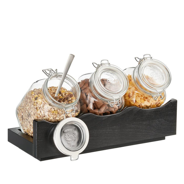 Cerealienbar 43 x 17 x 13,5 cm, wengefarben mit drei Gläsern