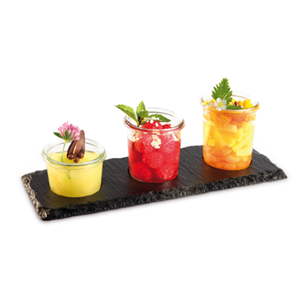 Naturschieferplatte 28 x 10 cm - mit drei Stellringen Ø 5,5 cm