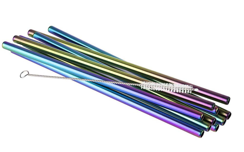 Trinkhalme Ø 0,8 x 21,5 cm - CNS 18/8 mit Regenbogen-Look (10 Trinkhalme + Reinigungsbürste)