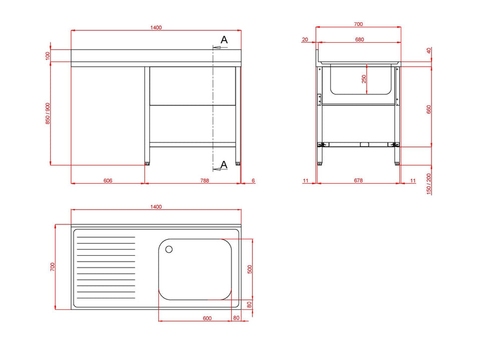 PROFILINE Spülzentrum 1400x700 mm mit 1 Becken rechts & Plattenüberstand