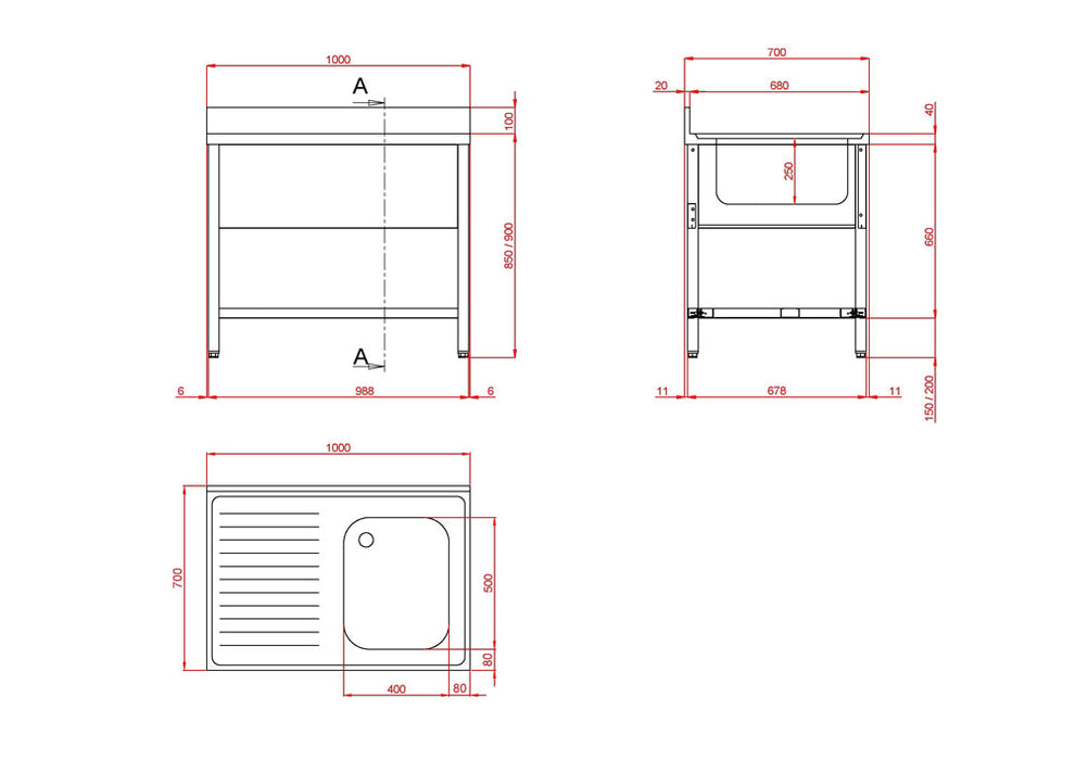 PROFILINE Spültisch 1000x700 mm mit 1 Becken links und Abtropffläche