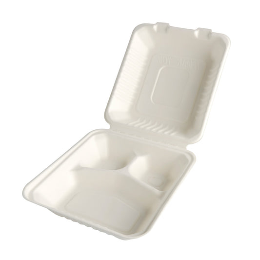 PURE Menüboxen Zuckerrohr 3-geteilt - 20 x 22 x 7,7 cm - Weiß (5 x 25 Stück)
