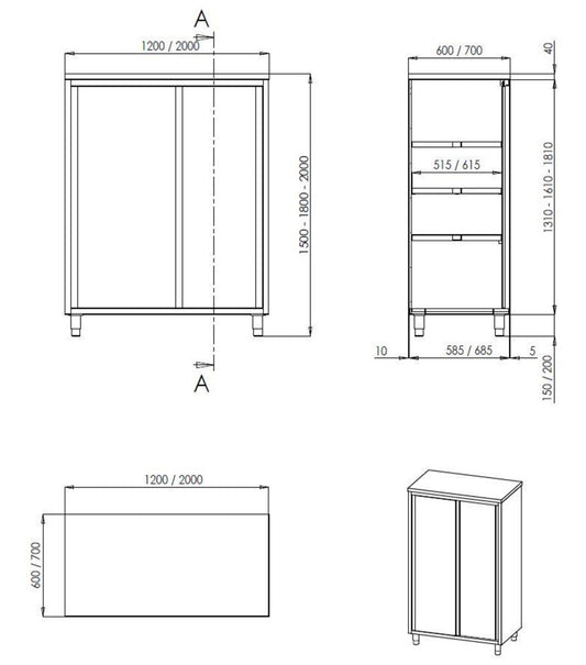 Profiline Hochschrank 1400x700 mit Schiebetüren - Edelstahl