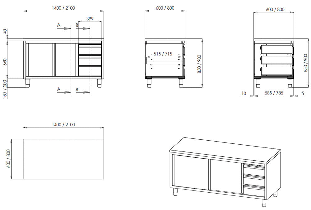 Profiline Arbeitsschrank 1800x600 mit Schiebetüren & Schubl. - Edelstahl