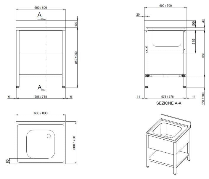 PROFILINE Spültisch 800x600 mm mit 1 Becken - Edelstahl