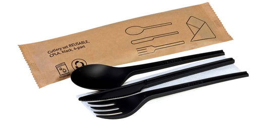 REUSEABLE Set Messer/Gabel/Löffel/Serviette - CPLA - Schwarz (250 Stück)
