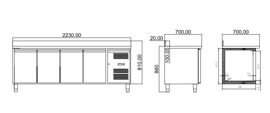 ECOLINE 700 Kühltisch 4-türig mit Aufkantung - 553 l